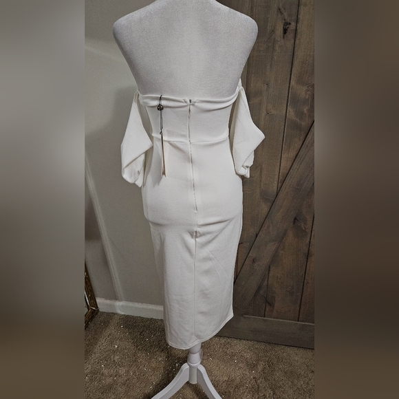 CLUB L LONDON White Bardot Puff-Sleeve Midi Dress. Size US 4 NWT - Picture 14 of 14